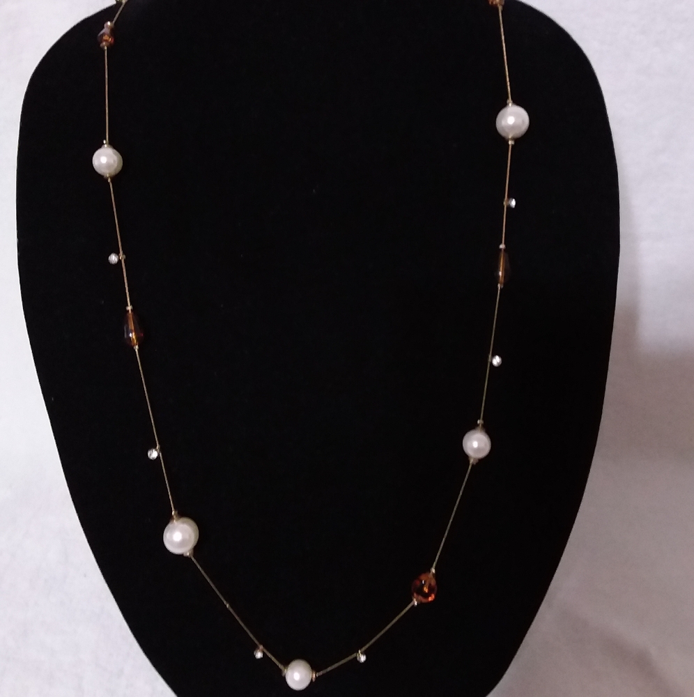 Vintage Long Necklace Faux Pearls Brown Beads Dangle Clear Rhinestones